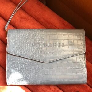 Ted Baker light blue faux crocodile clutch hand purse magnetic close 7 x10